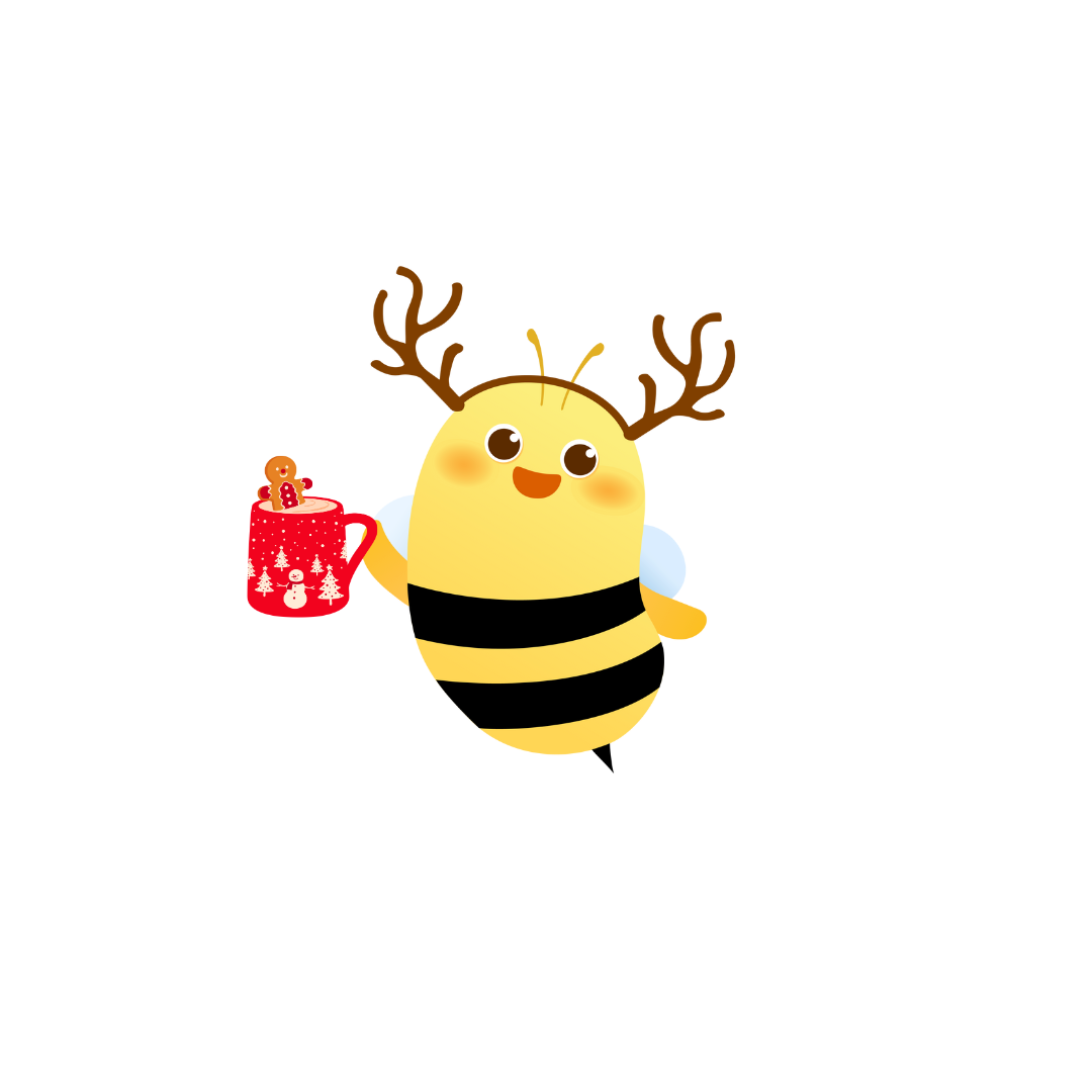 HoneyBee with a mug of hot chocolate and antlers.