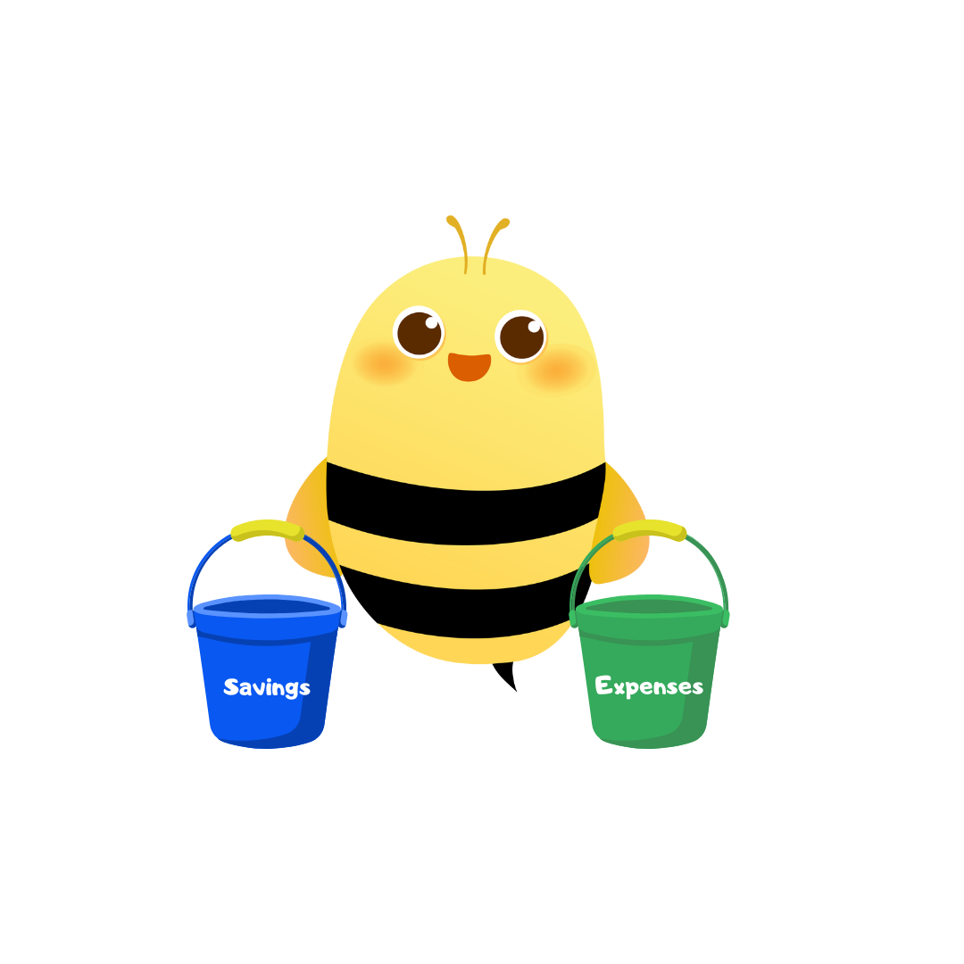 A cartoon bee holding 2 buckets labeled "Savings" and "Expenses"